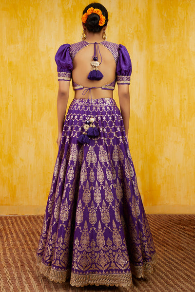 Gopi vaid Marigold Brocade Lehenga Set purple festive indian designer wear online shopping melange singapore