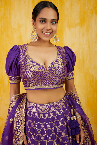 Gopi vaid Marigold Brocade Lehenga Set purple festive indian designer wear online shopping melange singapore