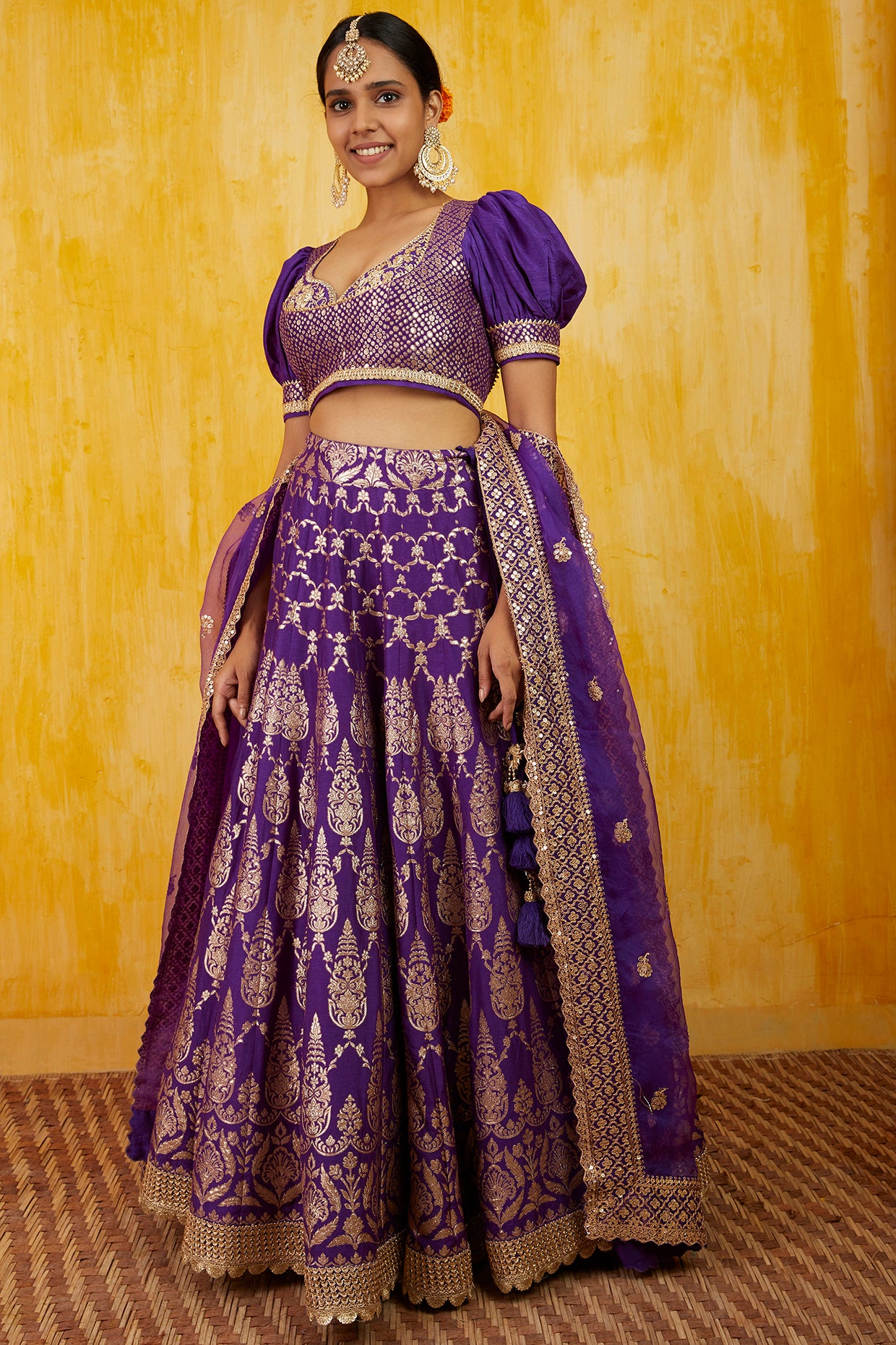 Gopi vaid Marigold Brocade Lehenga Set purple festive indian designer wear online shopping melange singapore