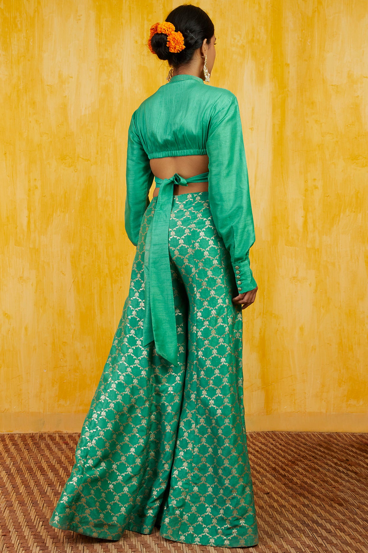 Gopi vaid Marigold Brocade Shirt Set festive indian designer wear fusion online shopping melange singapore indian designer wear