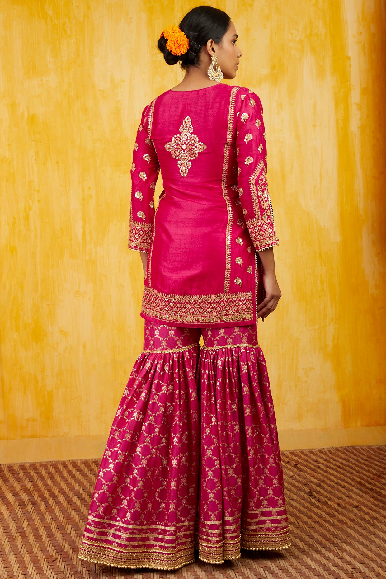 Gopi vaid Marigold Brocade Short Garara Set pink festive indian designer wear online shopping melange singapore