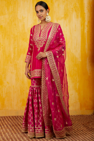 Gopi vaid Marigold Brocade Short Garara Set pink festive indian designer wear online shopping melange singapore