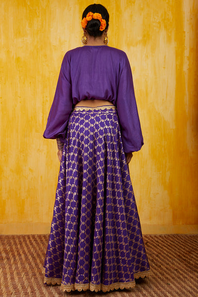 Gopi vaid Marigold Brocade Tie Top Skirt Set purple festive fusion indian designer wear online shopping melange singapore