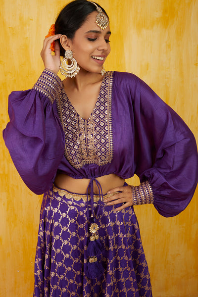 Gopi vaid Marigold Brocade Tie Top Skirt Set purple festive fusion indian designer wear online shopping melange singapore