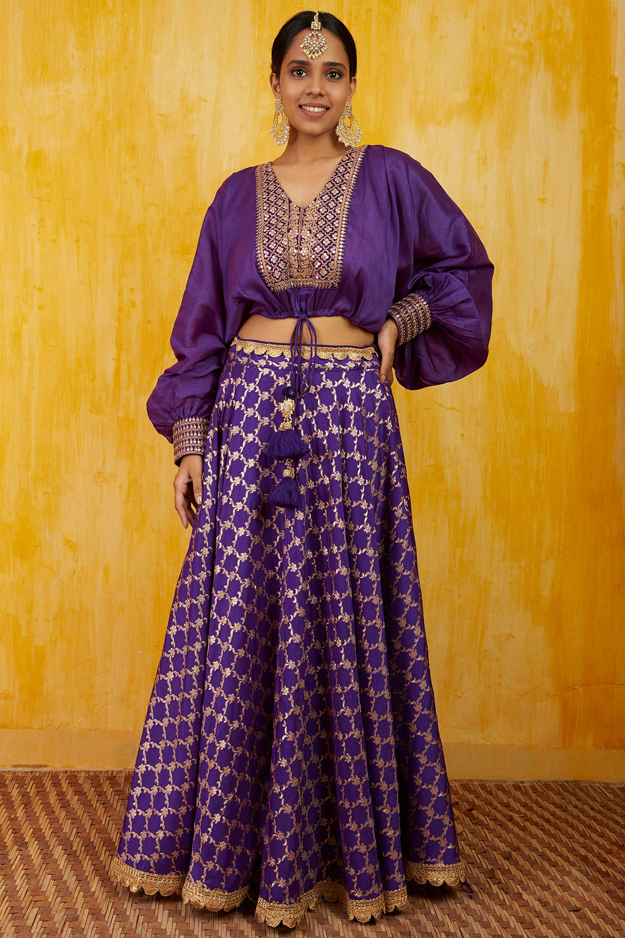 Gopi vaid Marigold Brocade Tie Top Skirt Set purple festive fusion indian designer wear online shopping melange singapore