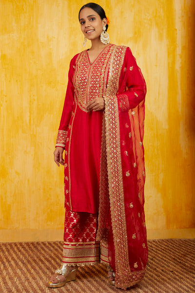 Gopi vaid Marigold Brocade Tunic Set red festive indian designer wear online shopping melange singapore