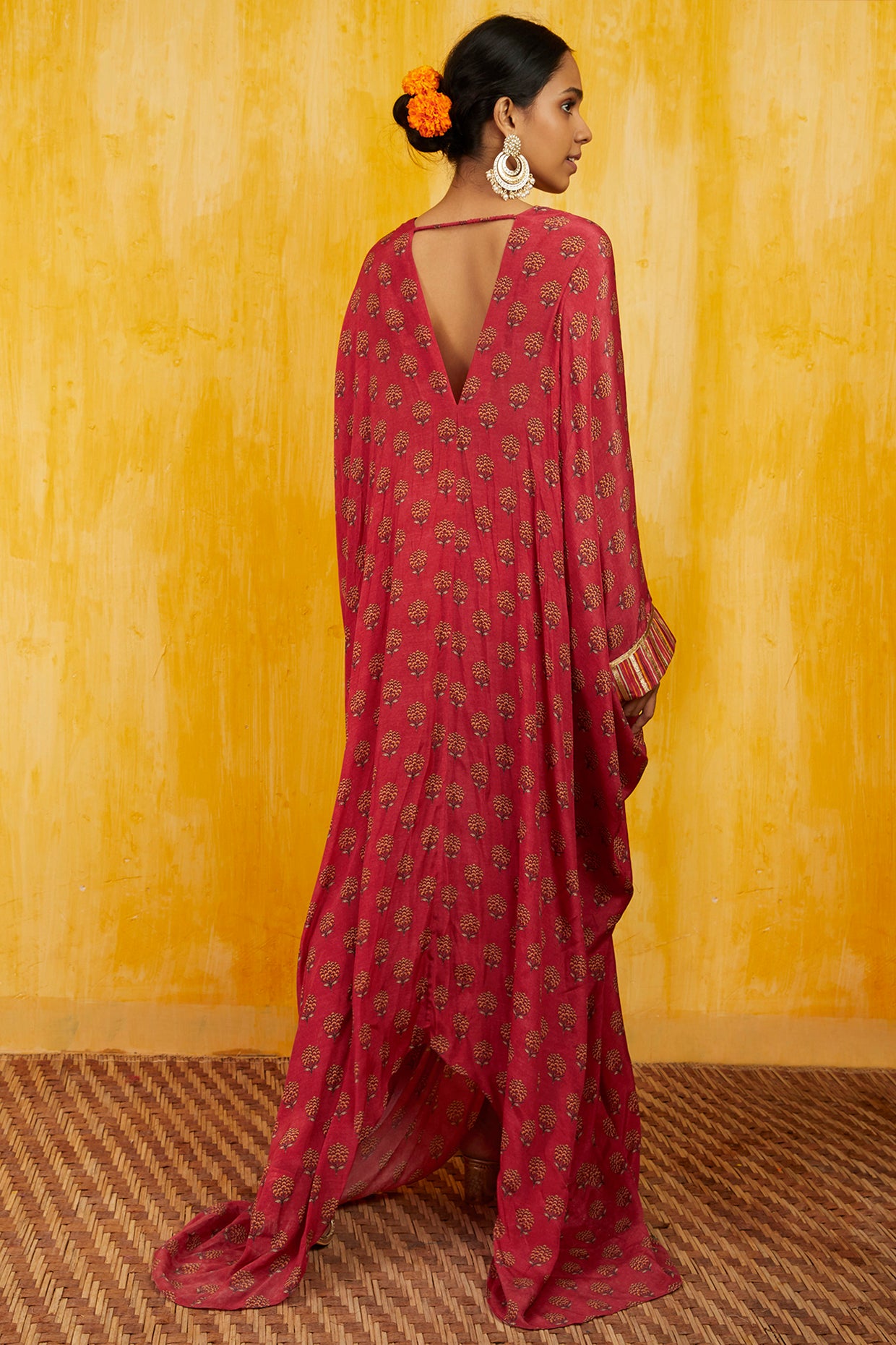 Gopi vaid Marigold Buti Kaftan Dress red festive indian designer wear online shopping melange singapore fusion