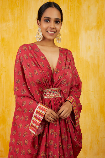 Gopi vaid Marigold Buti Kaftan Dress red festive indian designer wear online shopping melange singapore fusion