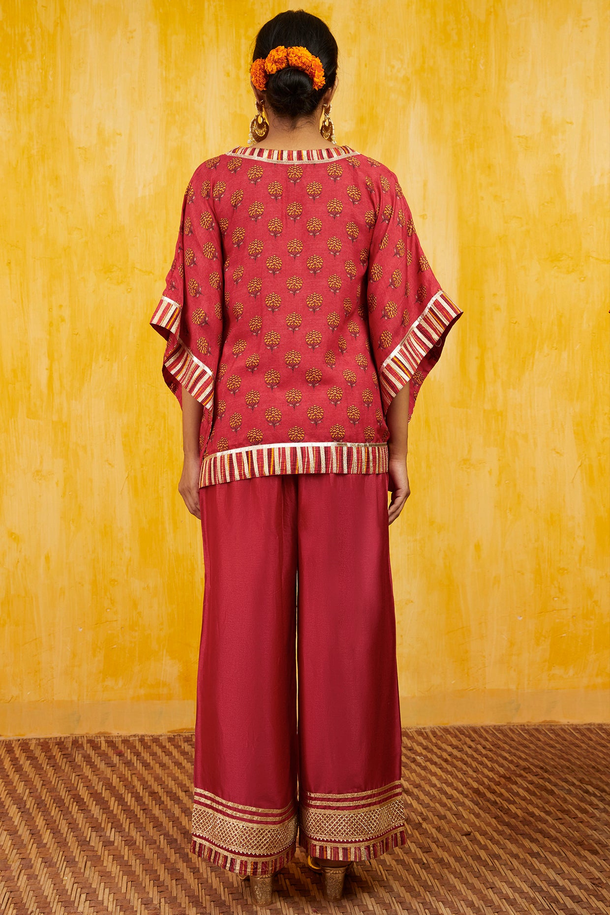 Gopi vaid Marigold Buti Kaftan Set red festive fusion indian designer wear online shopping melange singapore