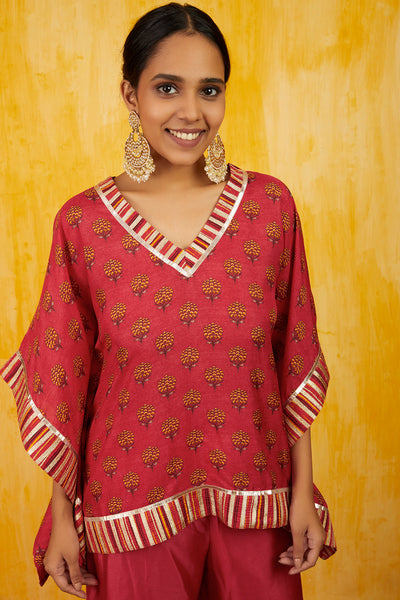 Gopi vaid Marigold Buti Kaftan Set red festive fusion indian designer wear online shopping melange singapore