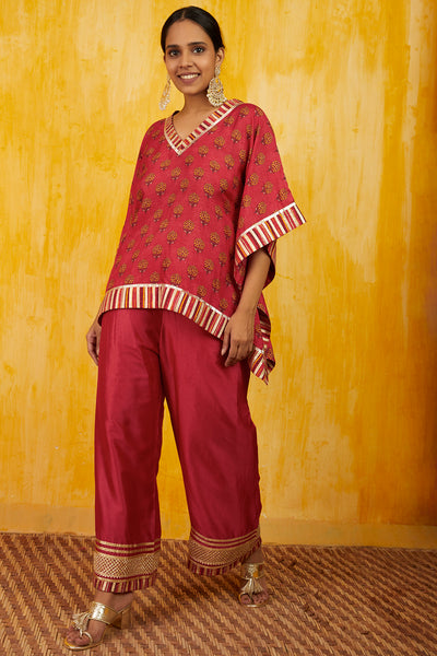 Gopi vaid Marigold Buti Kaftan Set red festive fusion indian designer wear online shopping melange singapore