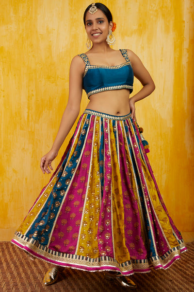 Gopi vaid Marigold Buti Multi Lehenga Set festive fusion indian designer wear online shopping melange singapore