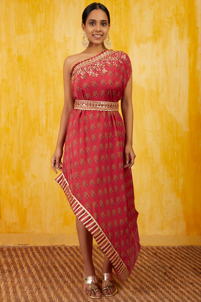 Gopi vaid Marigold Buti One Shoulder Dress With Belt red festive indian designer wear fusion online shopping melange singapore