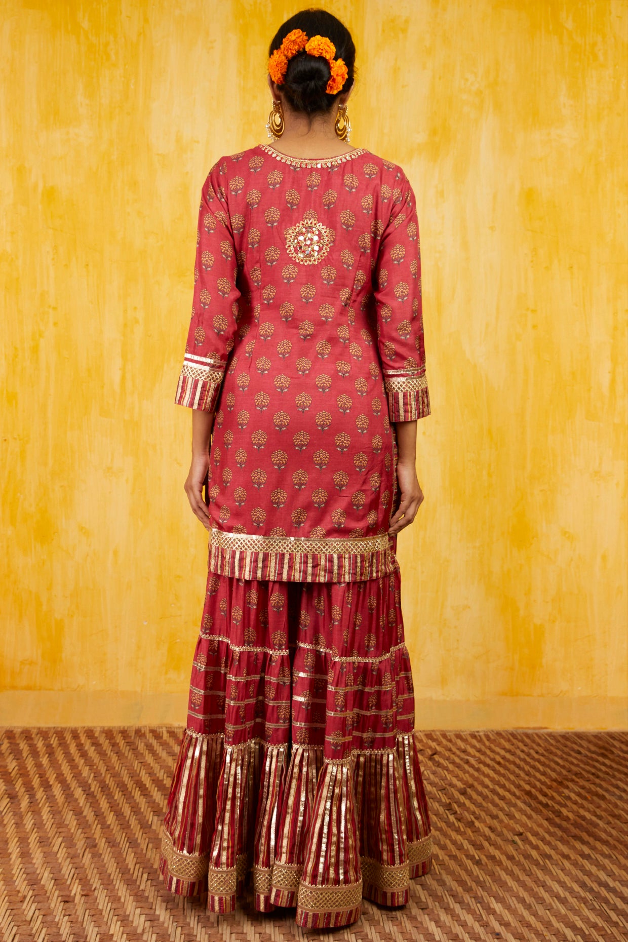 Gopi vaid Marigold Buti Sharara Set Red festive indian designer wear online shopping melange singapore