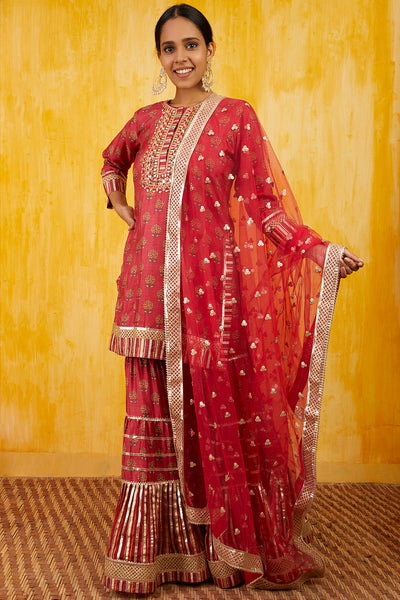 Gopi vaid Marigold Buti Sharara Set Red festive indian designer wear online shopping melange singapore