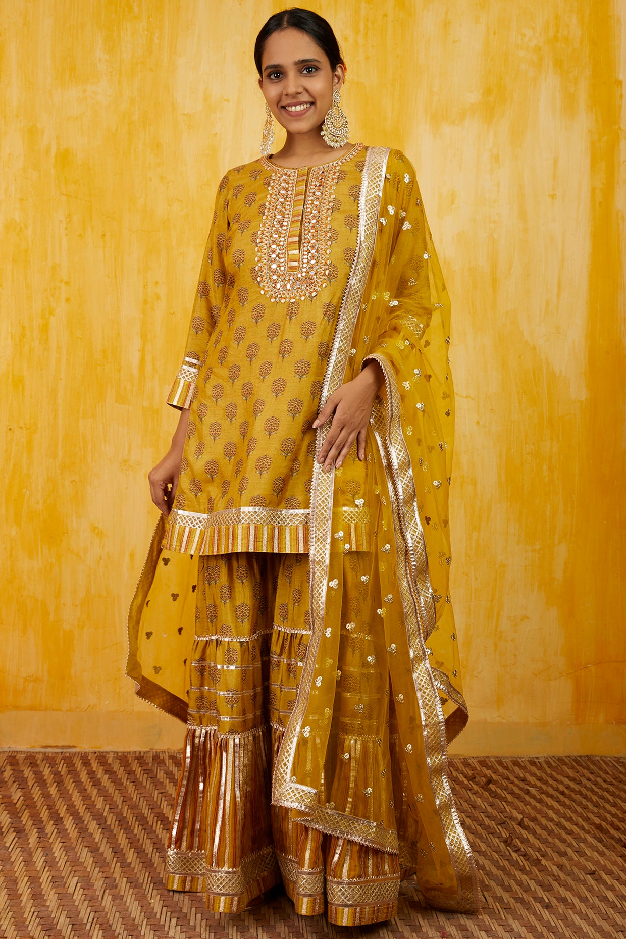 Gopi vaid Marigold Buti Sharara Set yellow festive indian designer wear online shopping melange singapore