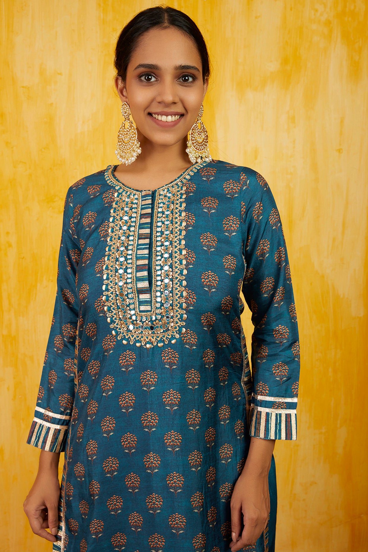 Gopi vaid Marigold Buti Tunic with Palazzo blue festive indian designer wear online shopping melange singapore