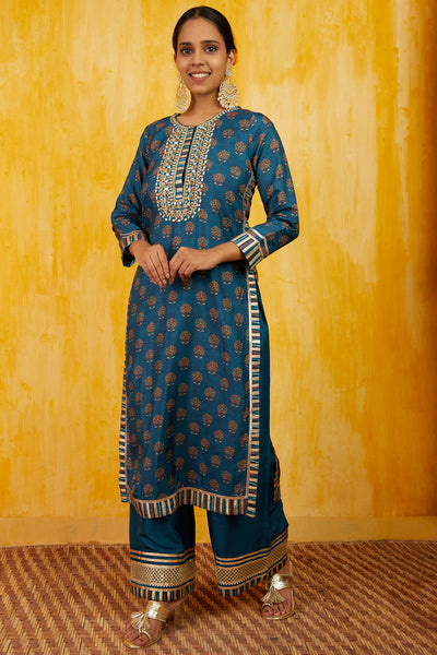 Gopi vaid Marigold Buti Tunic with Palazzo blue festive indian designer wear online shopping melange singapore