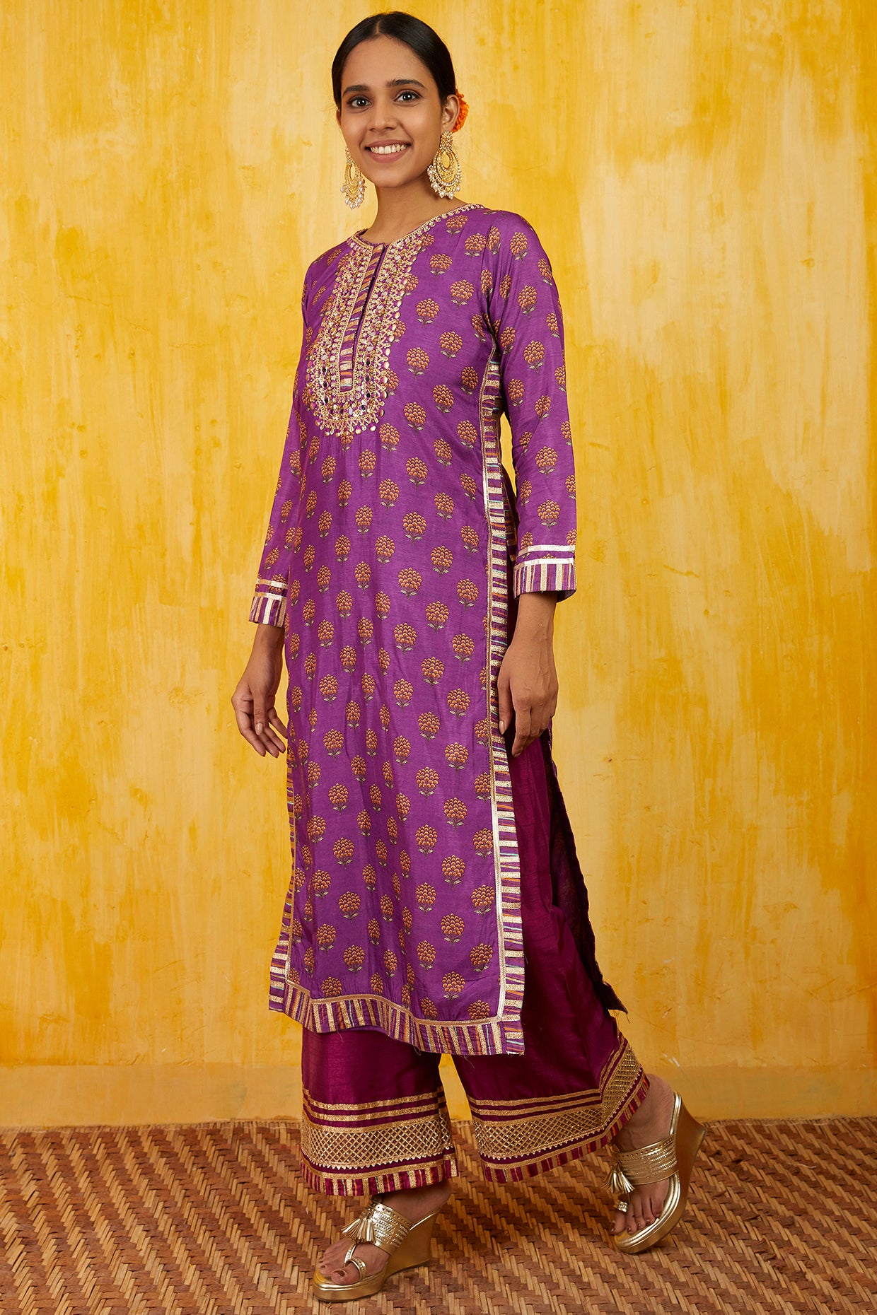 Gopi vaid Marigold Buti Tunic with Palazzo Purple festive indian designer wear online shopping melange singapore