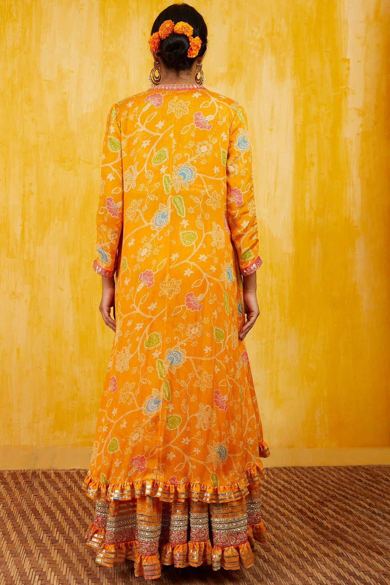 Gopi vaid Marigold Garden Jacket Sharara Set mango yellow festive fusion indian designer wear online shopping melange singapore