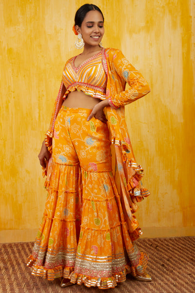 Gopi vaid Marigold Garden Jacket Sharara Set mango yellow festive fusion indian designer wear online shopping melange singapore