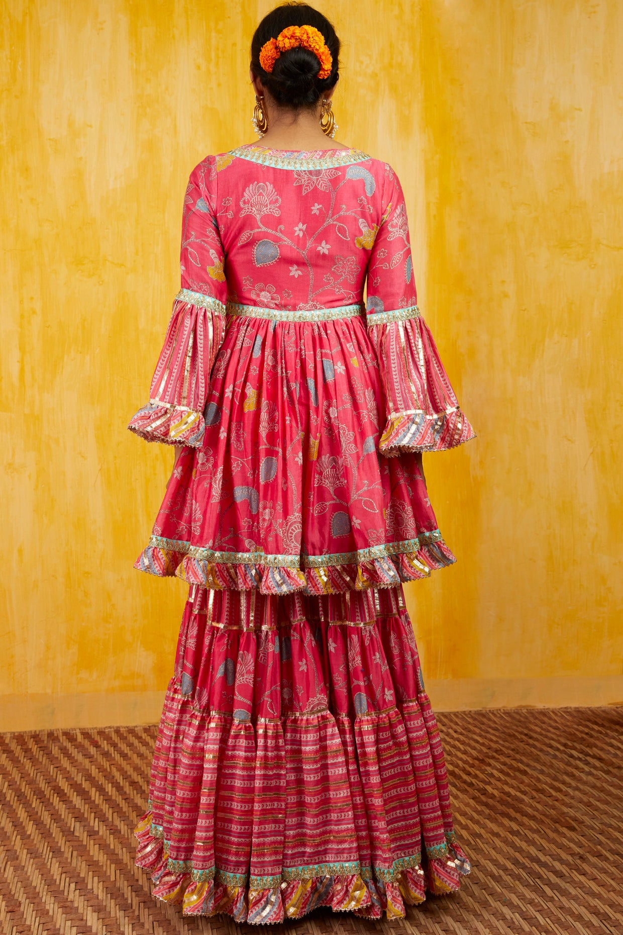 Gopi vaid Marigold Garden Peplum Sharara Set pink festive indian designer wear online shopping melange singapore