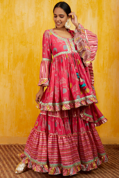 Gopi vaid Marigold Garden Peplum Sharara Set pink festive indian designer wear online shopping melange singapore
