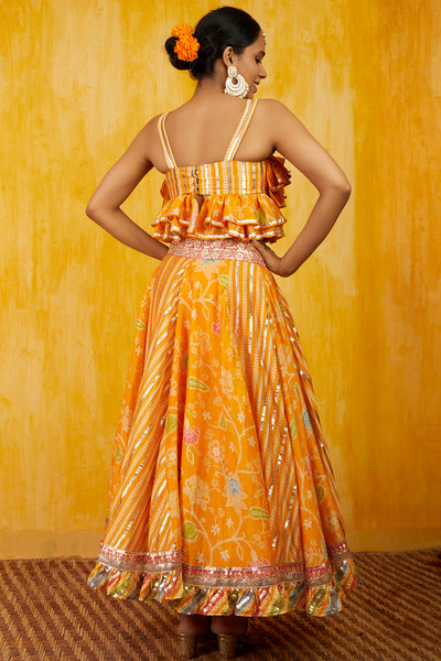 Gopi vaid Marigold Garden Ruffle Lehenga Set mango yellow festive fusion indian designer wear online shopping melange singapore
