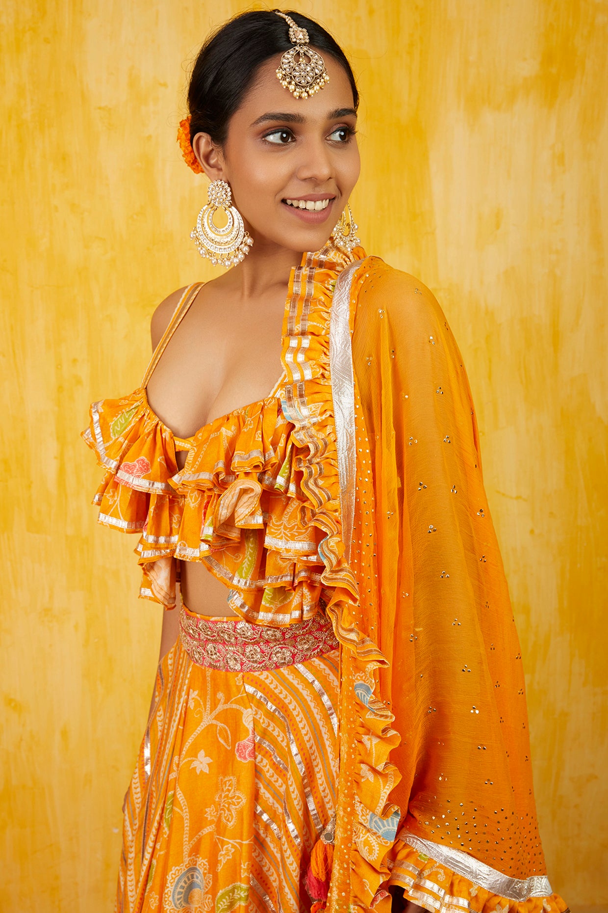 Gopi vaid Marigold Garden Ruffle Lehenga Set mango yellow festive fusion indian designer wear online shopping melange singapore