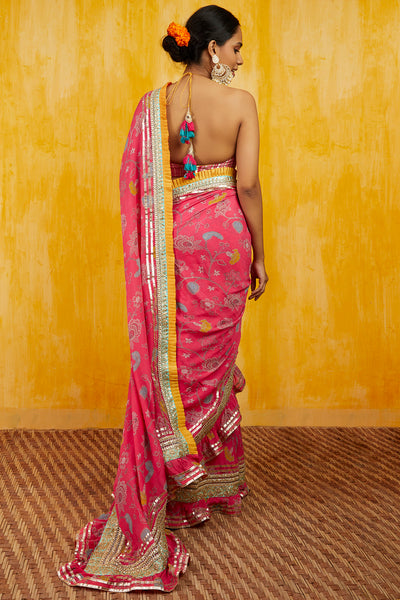 Gopi vaid Marigold Garden Ruffle Saree pink festive indian designer wear online shopping melange singapore