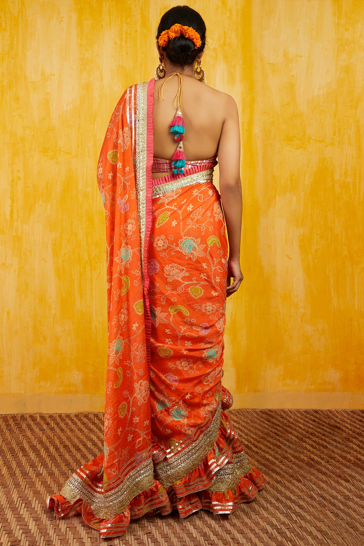 Gopi vaid Marigold Garden Ruffle Saree Tangerine festive indian designer wear online shopping melange singapore