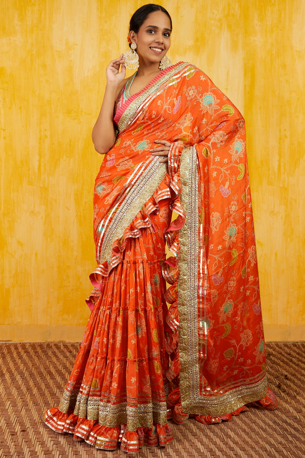 Gopi vaid Marigold Garden Ruffle Saree Tangerine festive indian designer wear online shopping melange singapore
