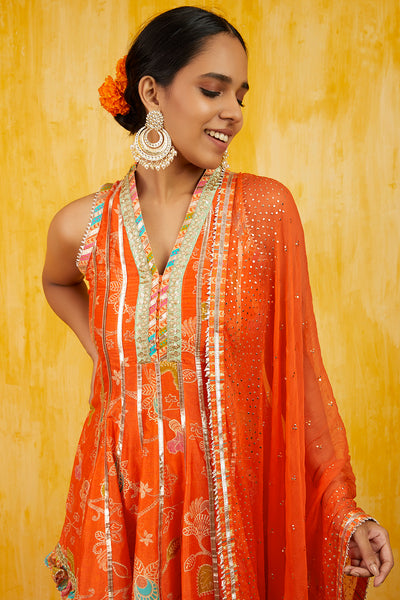 Gopi vaid Marigold Garden Sleeveless AG Dhoti Set tangerine orange festive indian designer wear online shopping melange singapore
