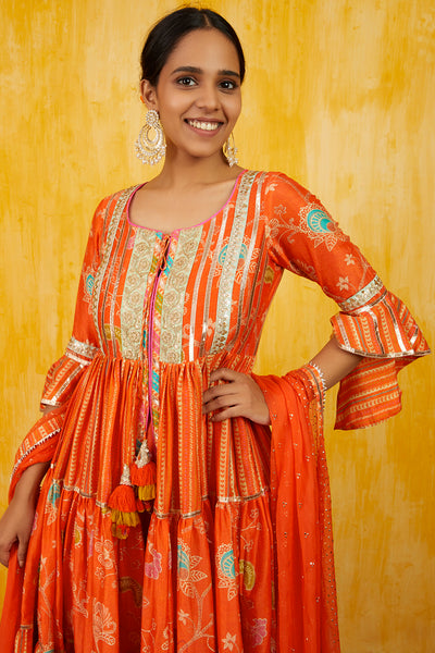 Gopi vaid Marigold Garden Tiered AG Set tangerine orange festive indian designer wear online shopping melange singapore