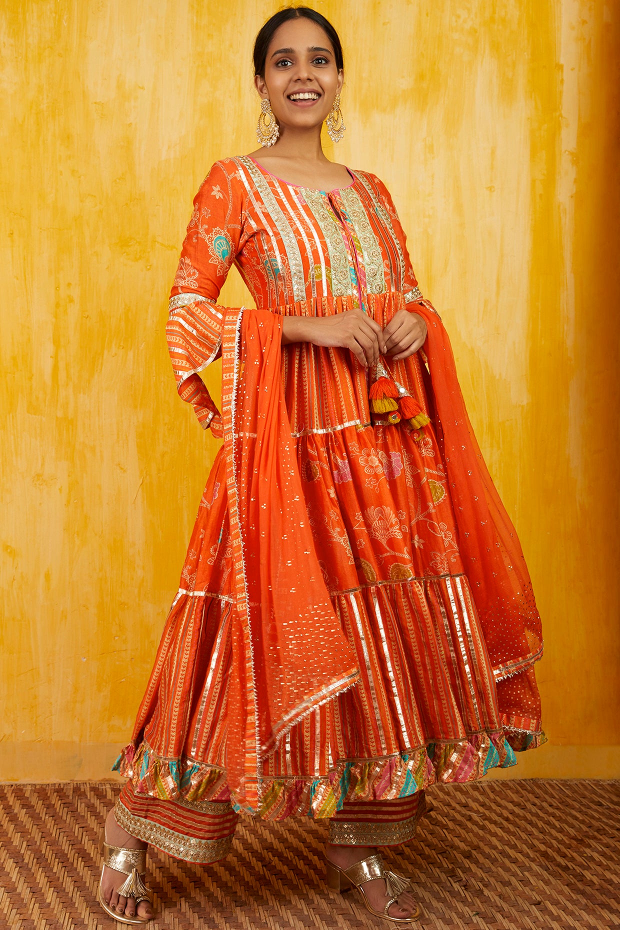 Gopi vaid Marigold Garden Tiered AG Set tangerine orange festive indian designer wear online shopping melange singapore