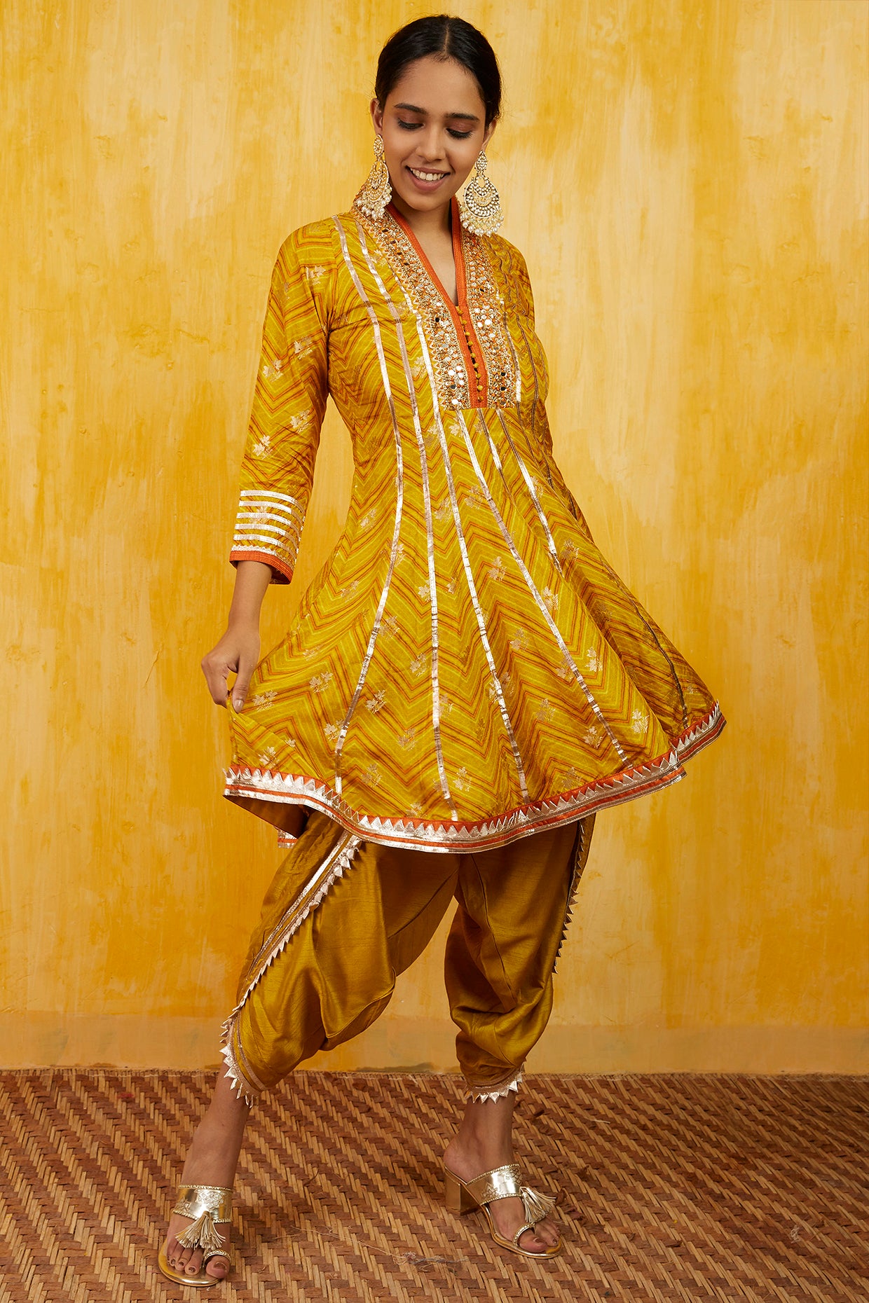 Gopi vaid Marigold Zigzag AG With Dhoti Yellow festive indian designer wear online shopping melange singapore