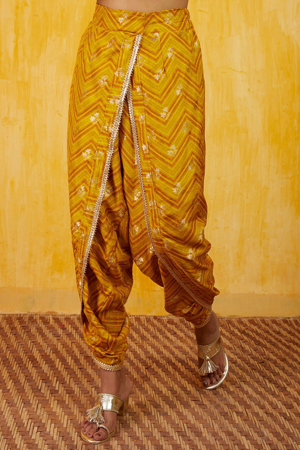 Gopi vaid Marigold Zigzag Cape Dhoti Set yellow festive indian designer wear online shopping melange singapore