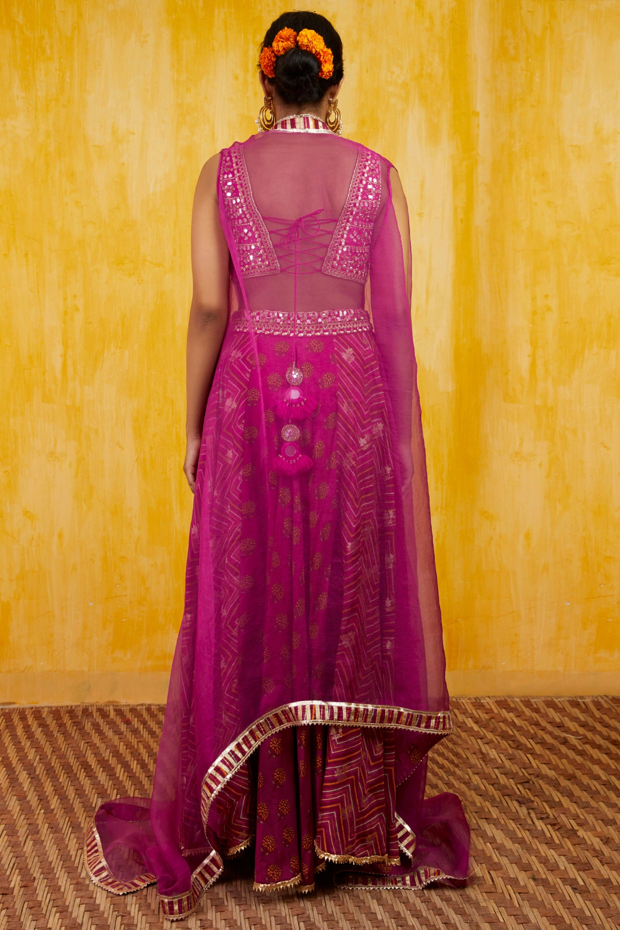 Gopi vaid Marigold Zigzag Cape Lehenga Set pink festive indian designer wear online shopping melange singapore