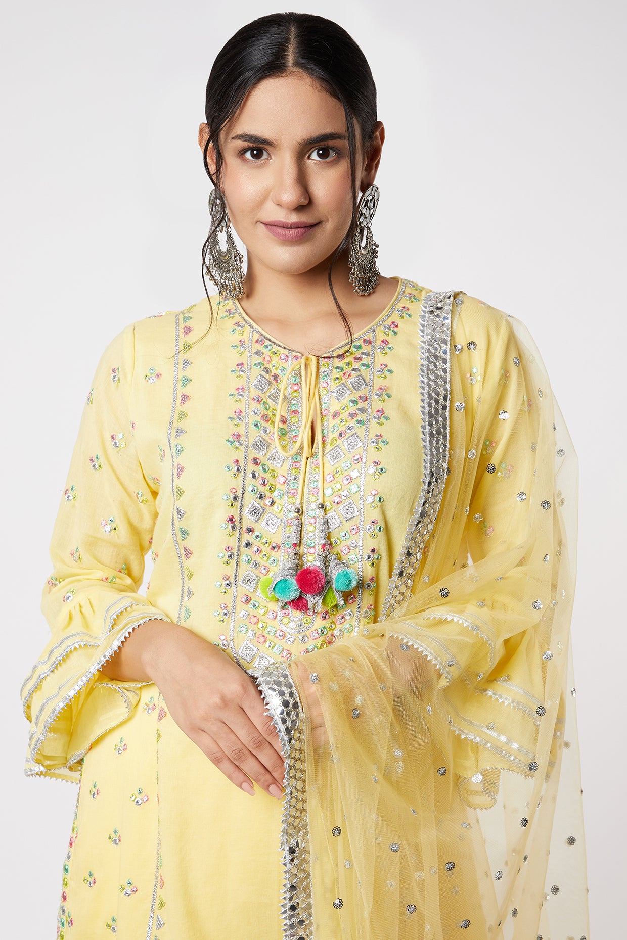 Gopi vaid Noor Dhoti Set With Frill Sleeves yellow festive indian designer wear online shopping melange singapore