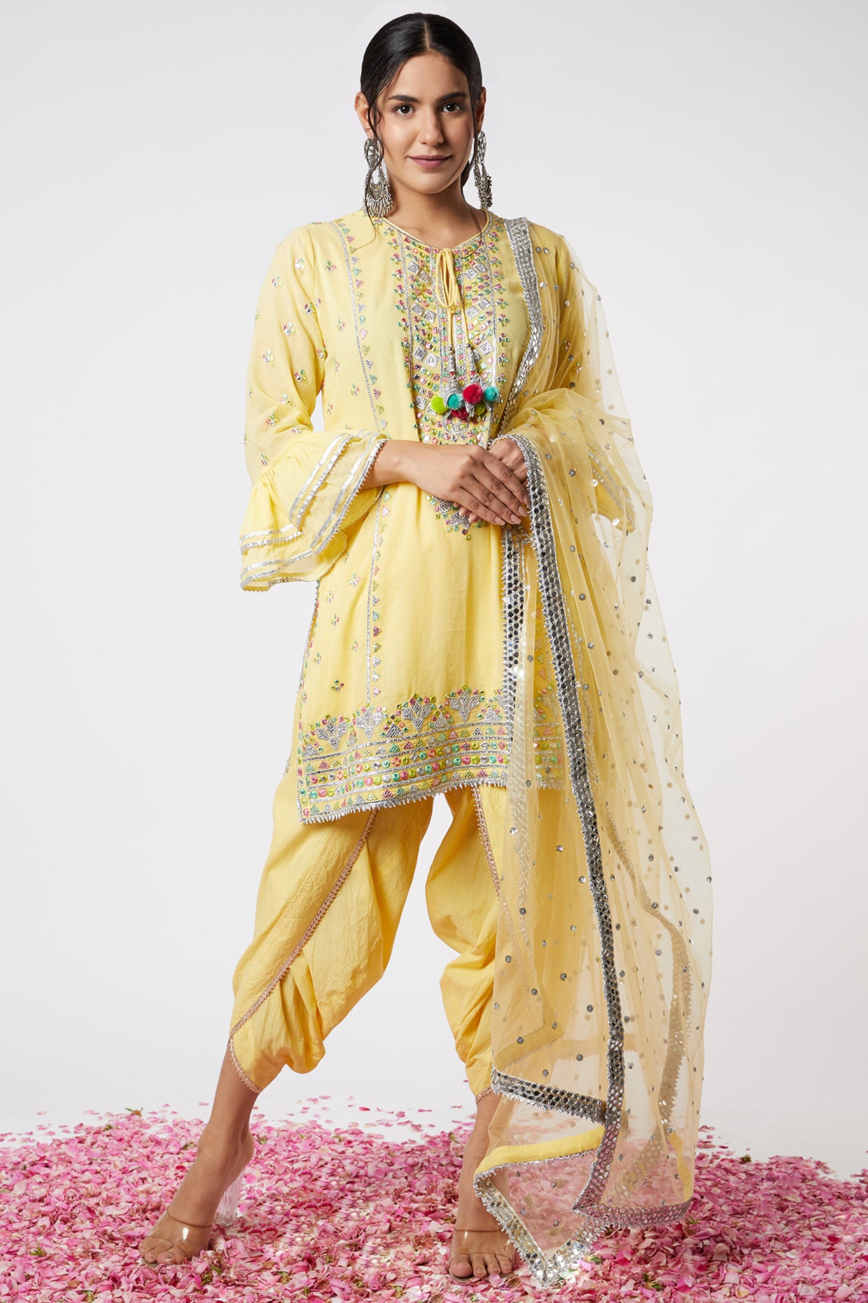 Gopi vaid Noor Dhoti Set With Frill Sleeves yellow festive indian designer wear online shopping melange singapore