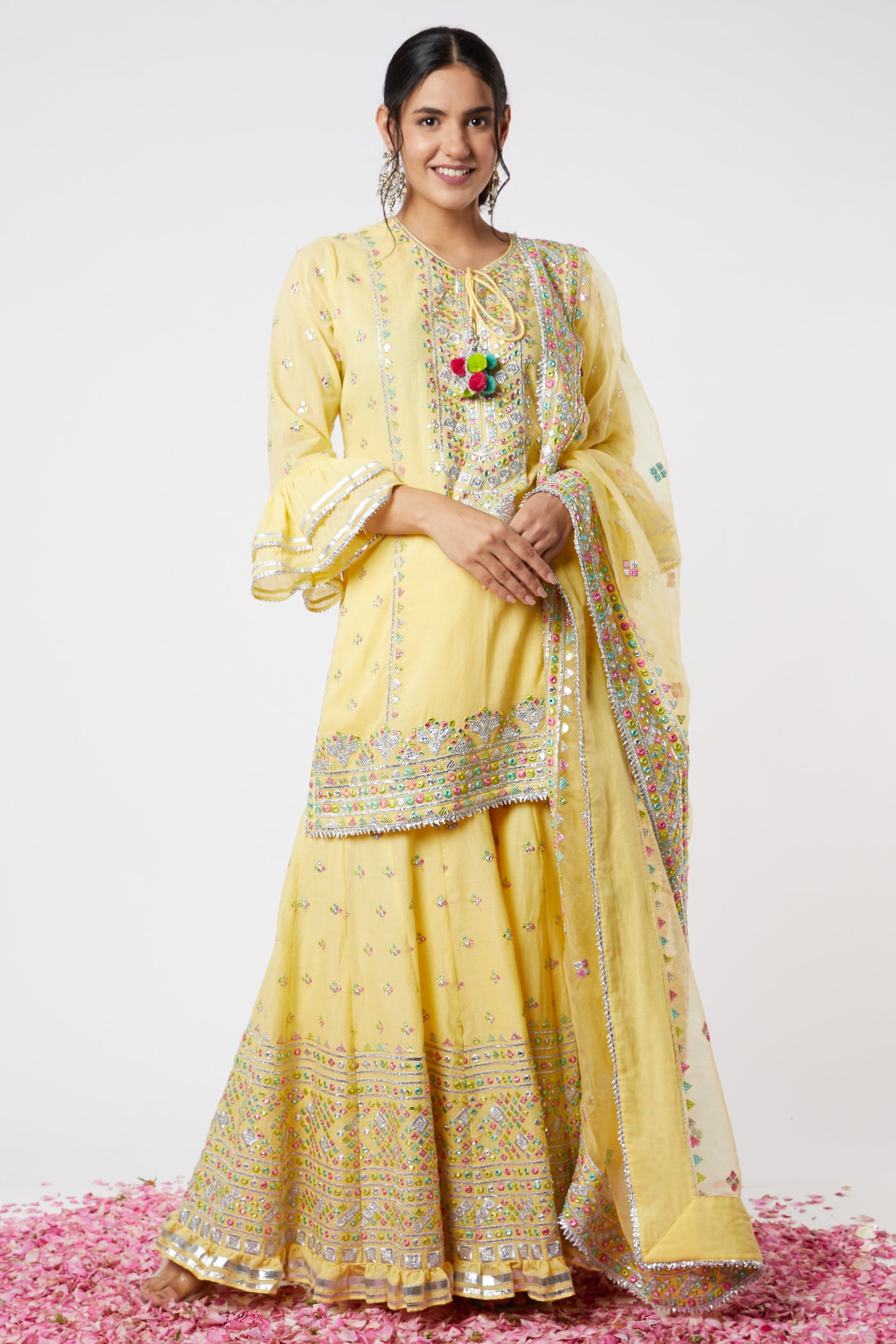 Gopi vaid Noor Frill Sharara Set yellow festive indian designer wear online shopping melange singapore