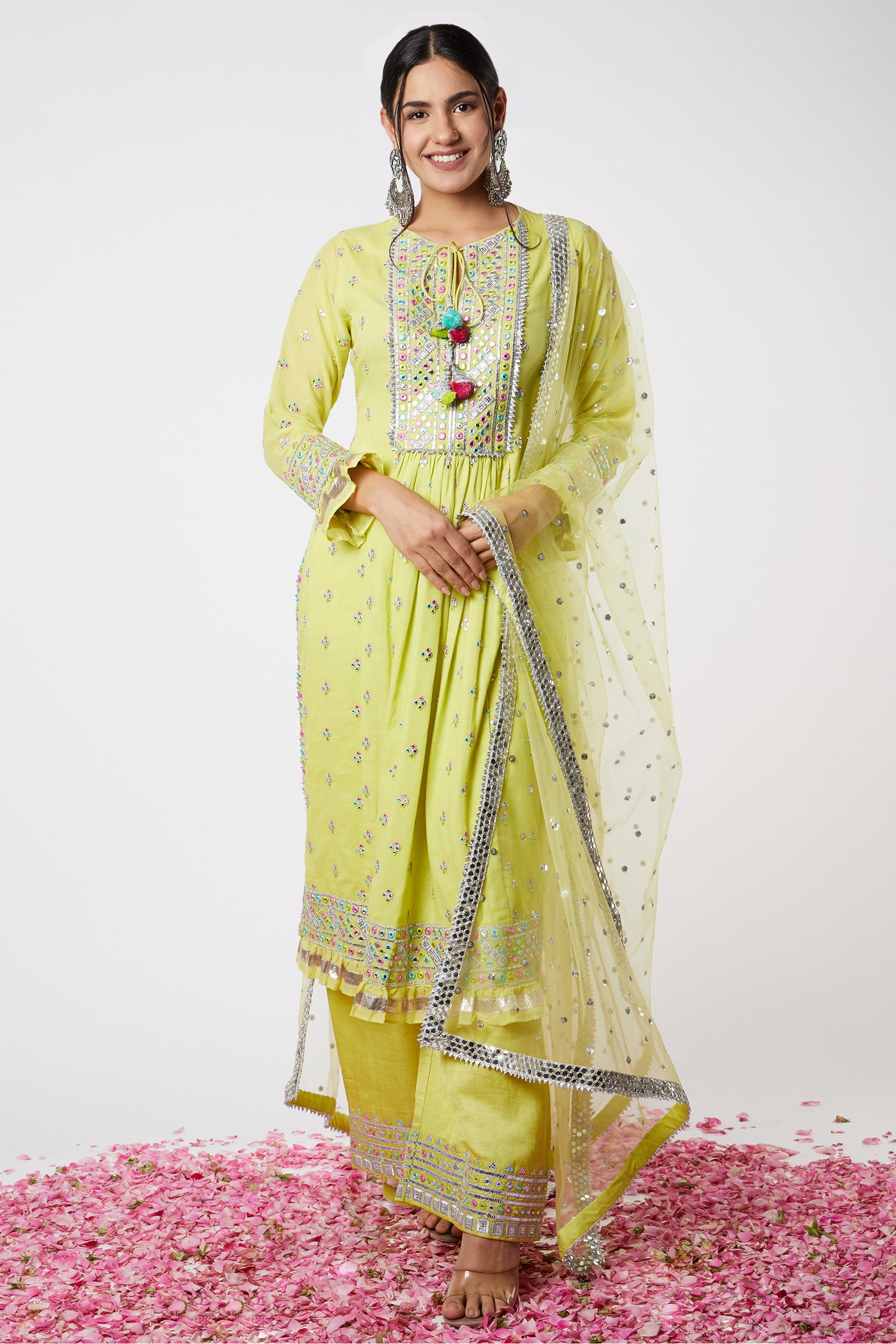 Gopi vaid Noor Gather Tunic Set lime green festive indian designer wear online shopping melange singapore