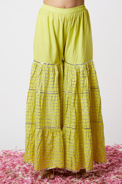 Gopi vaid Noor Kurta With Line Sharara Set lime green festive indian designer wear online shopping melange singapore