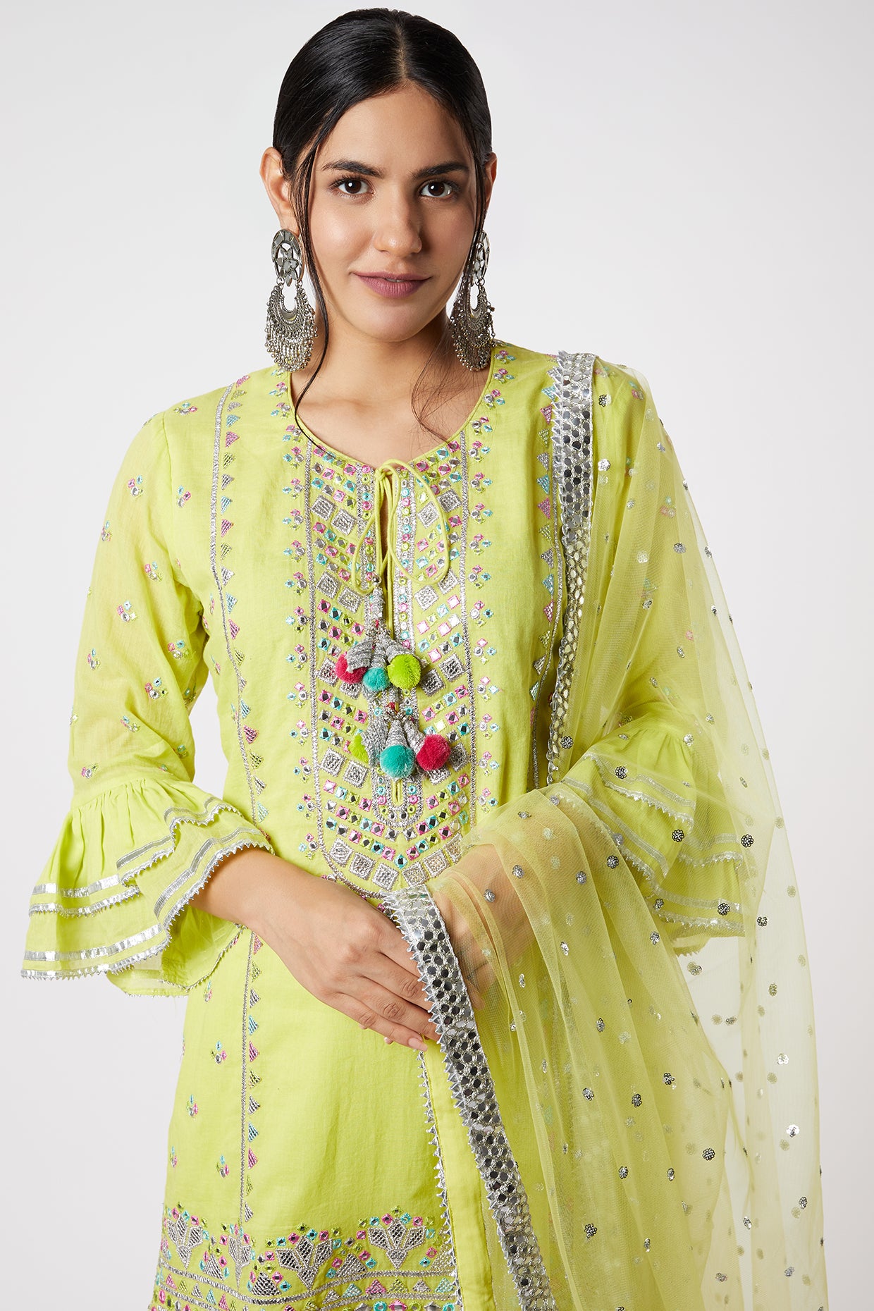 Gopi vaid Noor Kurta With Line Sharara Set lime green festive indian designer wear online shopping melange singapore