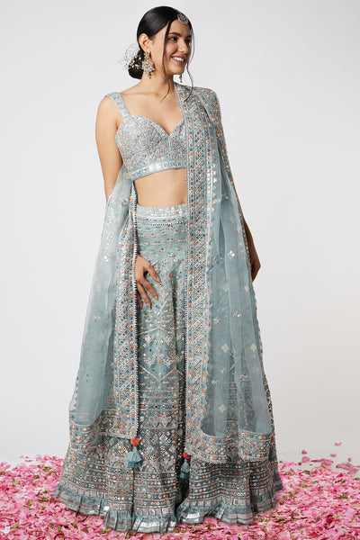 Gopi vaid Noor Lehenga Set With Bustier ice blue festive indian designer wear online shopping melange Singapore indian designer wear
