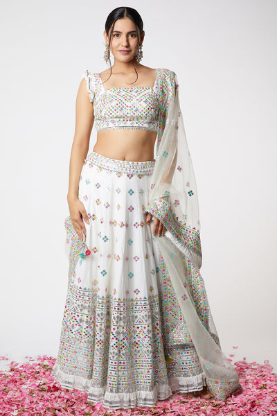 Gopi vaid Noor Lehenga Set With Frill Sleeves ivory festive indian designer wear online shopping melange singapore