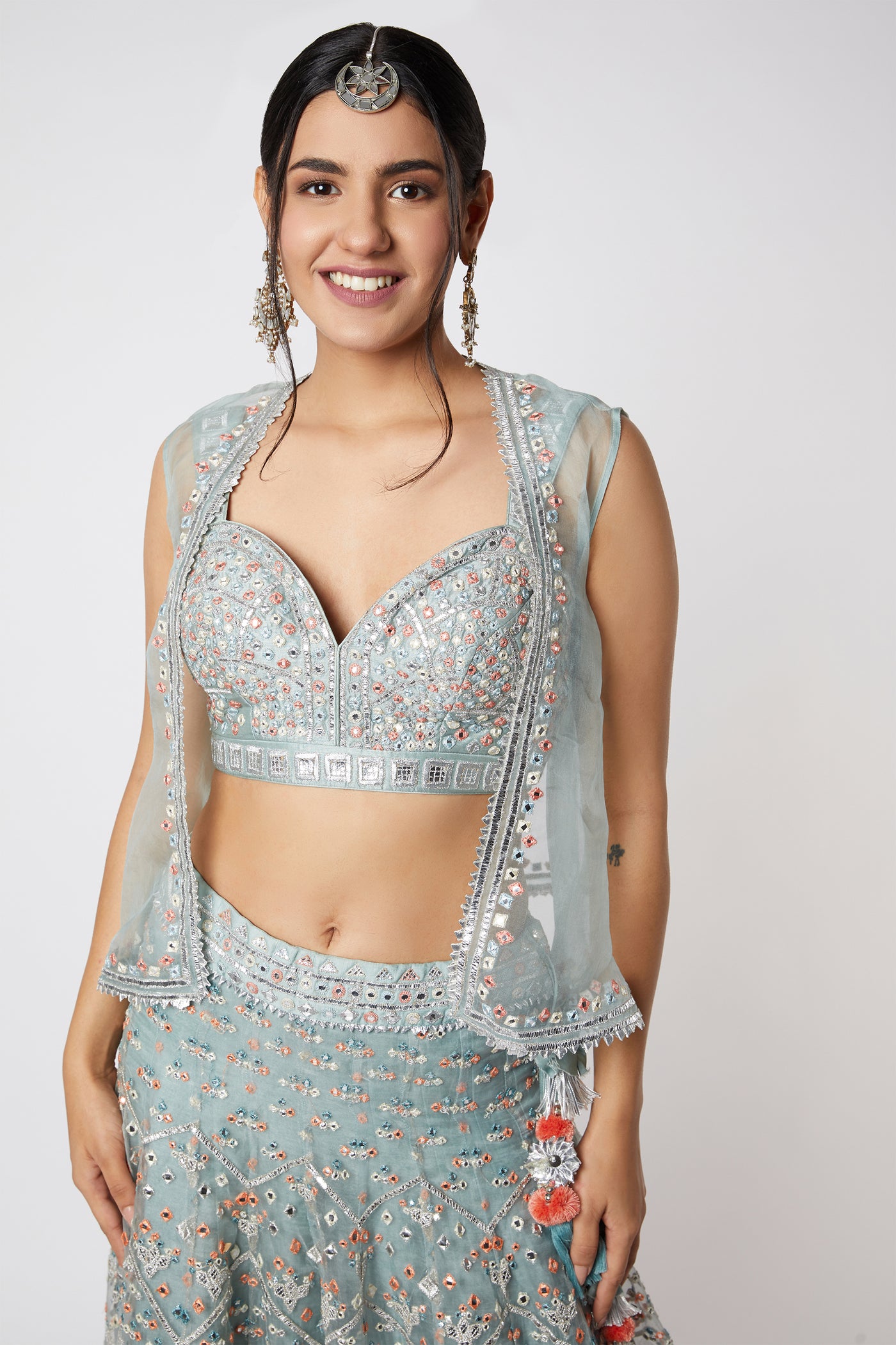 Gopi vaid Noor Lehenga Set With Short Jacket ice blue festive indian designer wear online shopping melange singapore