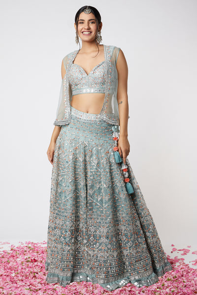 Gopi vaid Noor Lehenga Set With Short Jacket ice blue festive indian designer wear online shopping melange singapore