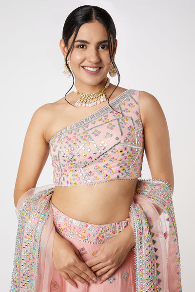 Gopi vaid Noor One Shoulder Lehenga Set pink festive indian designer wear online shopping melange singapore indian designer wear