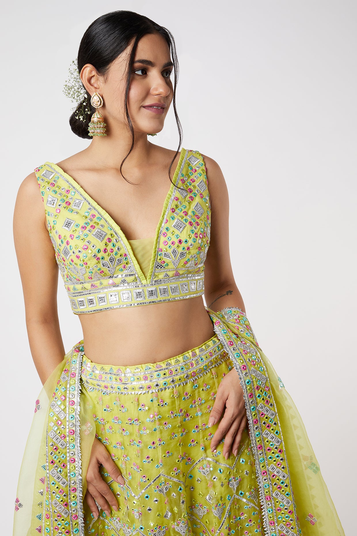 Gopi vaid Noor Sleeveless Lehenga Set lime green festive indian designer wear online shopping melange singapore